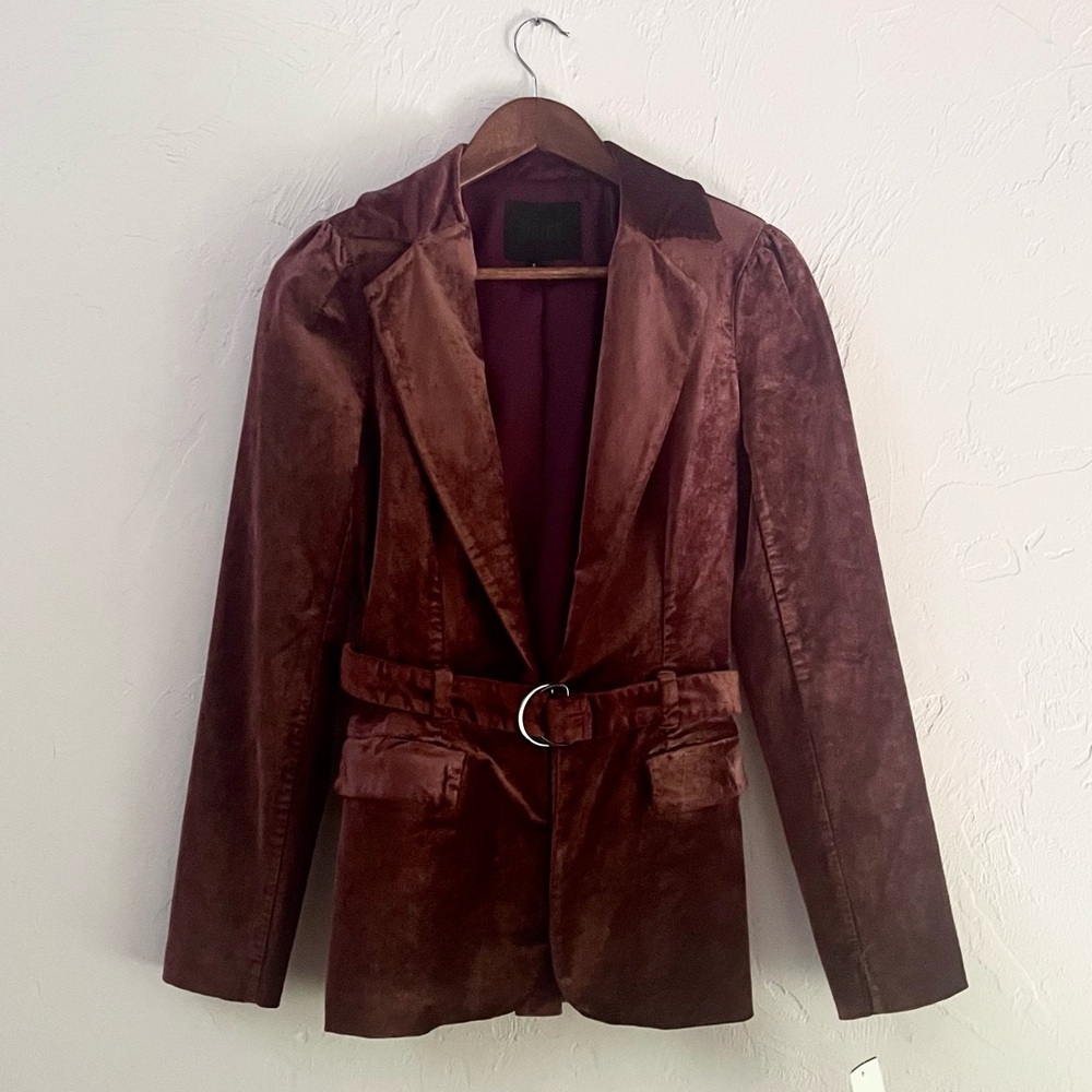 Paige NWT Velvet Belted Single Breasted Blazer in Old Rose (Burgundy Wine)